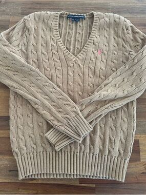 Vintage Ralph Lauren Sport Cable Knit V-Neck Sweater Tan Pink Pony L